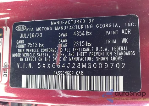 2021 Kia K5 Gt-Line from USA, damaged, VIN 5XXG64J28MG009702